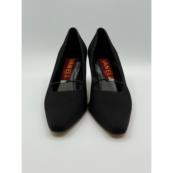 Vaneli Black Satin Pumps 7M – Made in Italy, Vero Cuoio Leather Sole, Rhinestone - Picture 2 of 8